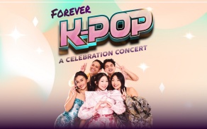 members of kpop posing below event title, Forever K-pop, a celebration concert. 