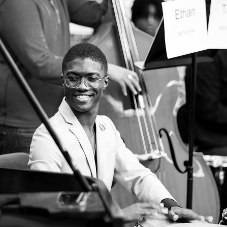 jazz at lincoln center orchestra during a masterclass with students.