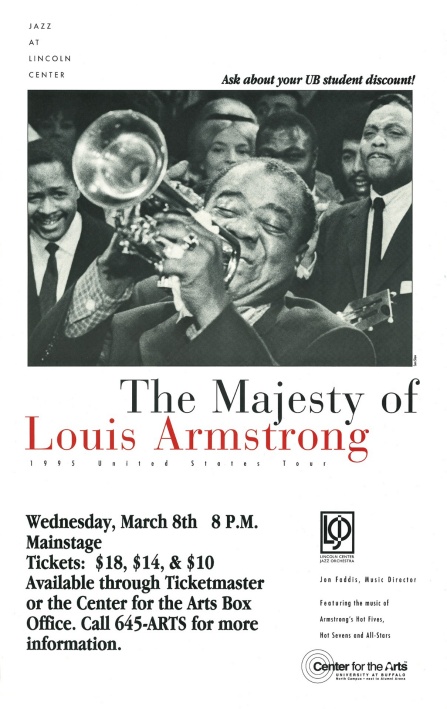 event poster with louis armstrong playing trumpet.