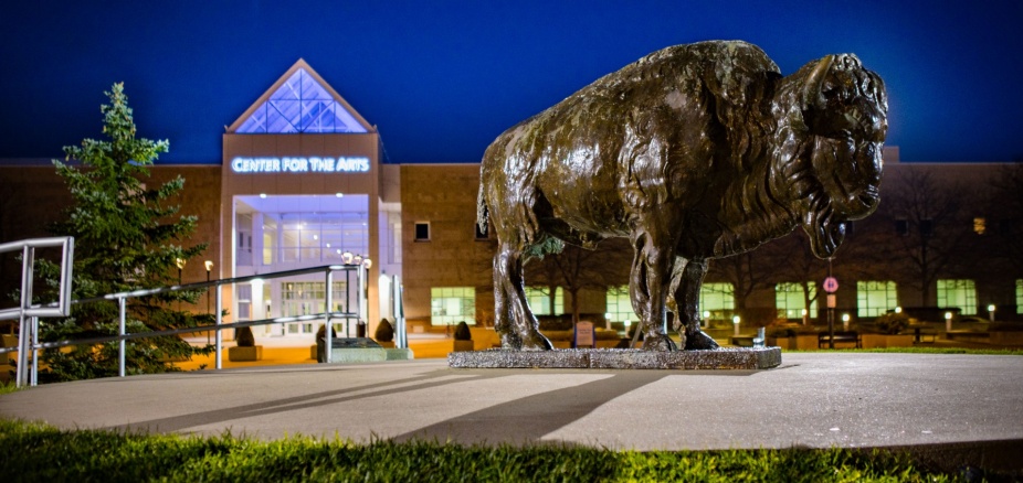 Evening view of the bronze buffalo in front of the CFA. 