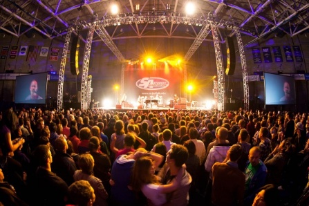 Large crowd at concert at Main Stage Theatre. 