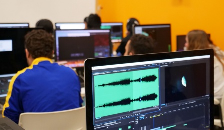 Computer with audio editing screen. 