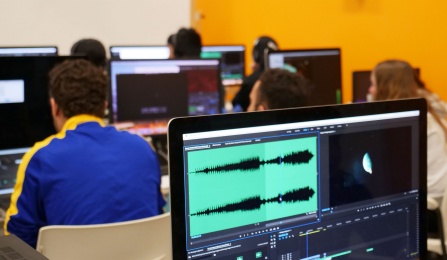 Computer with audio editing screen. 