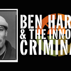 portrait of ben harper wearing a beanie next to band logo. 