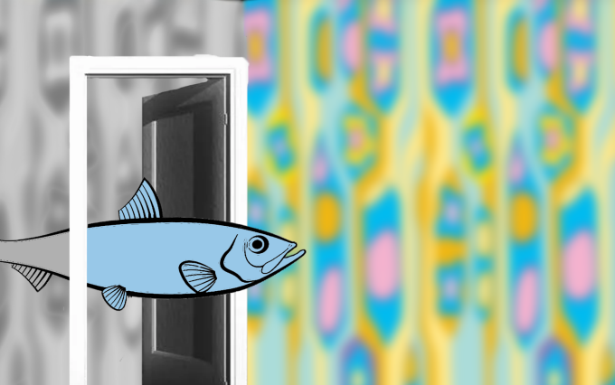 drawing of a fish swimming through an open doorway. 