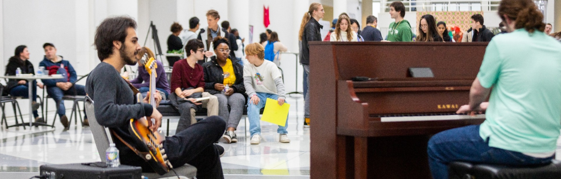 Spring into Art was held in the atrium and screening room of the Center for the Arts in April 2023. The event showcased creators and artists from the departments of Art, Theatre and Dance, Music, and Media Study. Photographer: Douglas Levere. 