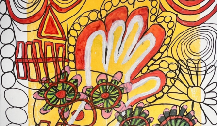 drawing of hand behind flowers surrounded by different sized circles. 