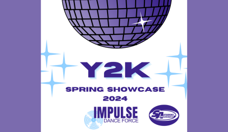 impulse dance force logo under a computer drawing of a purple disco ball. 