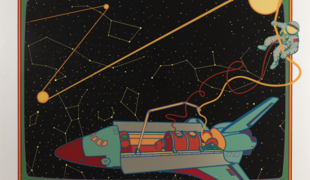 A serigraph by Clayton Pond depicting a blue spaceship with an open top. An astronaut is out of the ship, holding on to a yellow tube that is strung around planets throughout the background. 
