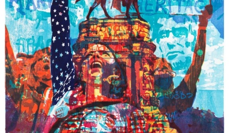 A woodblock print on paper by Zorawar Sidhu and Rob Swainston with many images overlayed including a monument with a person on horseback in the center, an image of a woman in red white and blue holding her cowboy hat up to the sky, and a protest sign that reads "our heritage". 