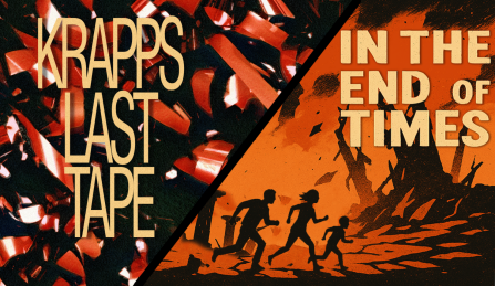 silhouettes of people running away from fire balls in front of ruins.