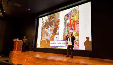 Artists Carolyn J. Hall and Clarinda Mac Low on stage of the Screening Room, in the Center for the Arts on UB North Campus, as part of the Department of Art's Visiting Artist Speaker Series, on November 17, 2025. 