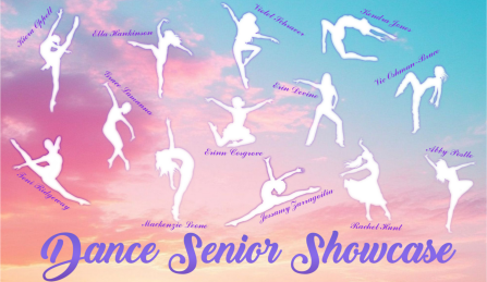 silhouettes of dance seniors with their name in the sky. 