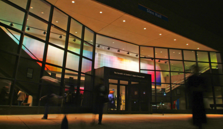 Entrance to Slee Hall at night. 