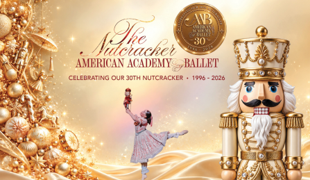 Dancer posing next to a golden christmas tree holding up a doll next to a large christmas themed nutcracker. 