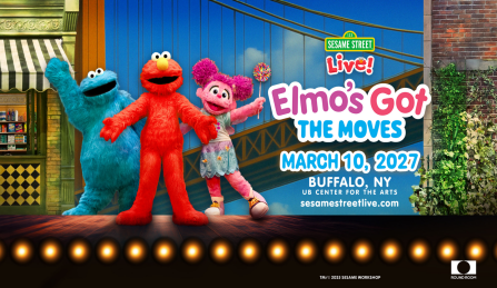 Elmo, Cookie Monster, and Abby standing on the stage and waving in front of a backdrop of a bridge. 
