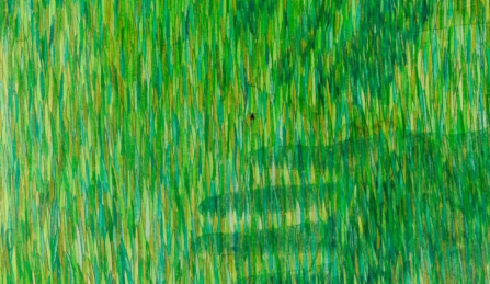 Watercolor painting of different shades of green with a shadow of hands reaching out for a small dark figure in the center. 