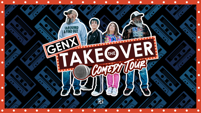 members of gen x comedy takeover tour standing next to eachother in front of cassette patterned background.