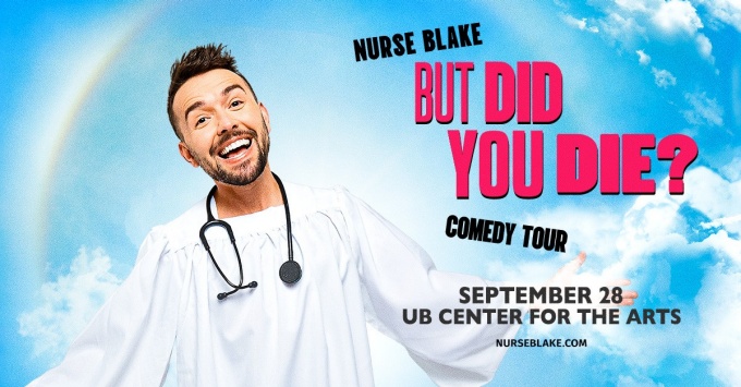 nurse blake wearing a white gown in the sky with a stethoscope around his neck. 