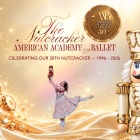 Dancer posing holding up a doll and a christmas themed nutcracker. 
