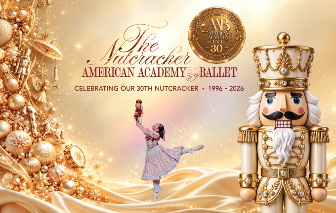 Dancer posing holding up a doll and a christmas themed nutcracker. 