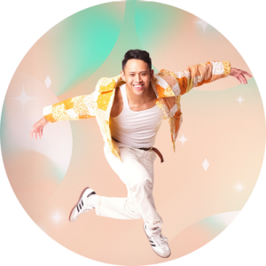 Leo Lam jumping with arms stretched out.