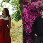 waxahatchee standing next to a tree on a riverbank and mj lenderman standing in front of a large bush filled with flowers. 