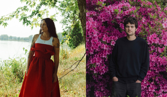 waxahatchee standing next to a tree on a riverbank and mj lenderman standing in front of a large bush filled with flowers.