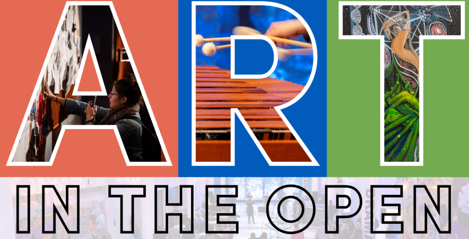 art in the open logo including student painter and musician. 