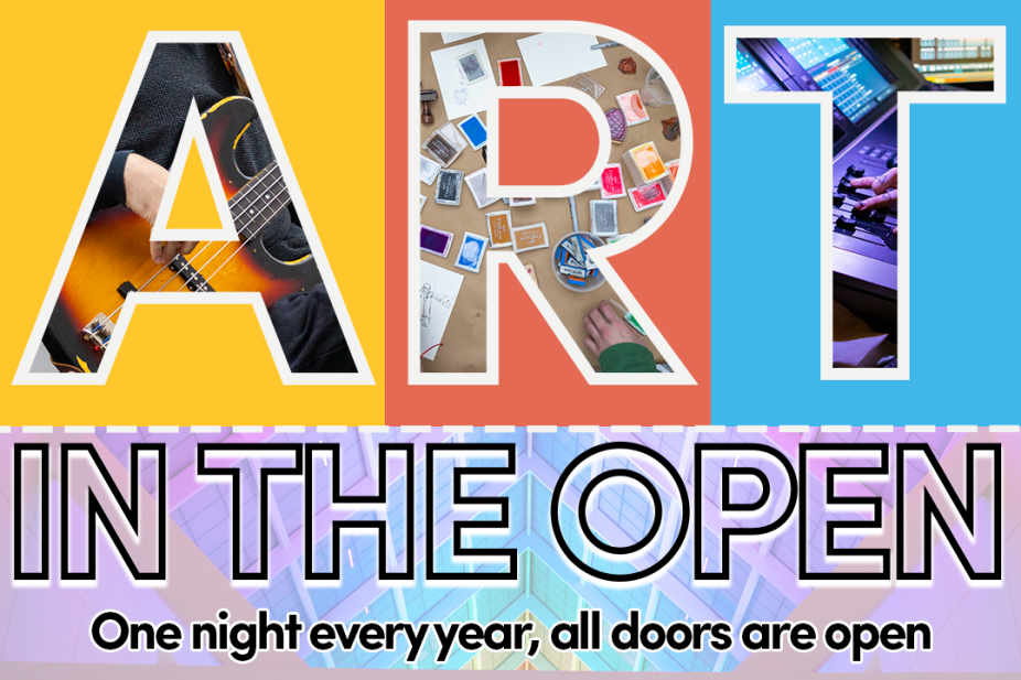 art in the open logo including student painter and musician. 