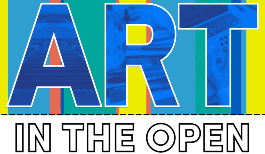 art in the open logo including student painter and musician. 