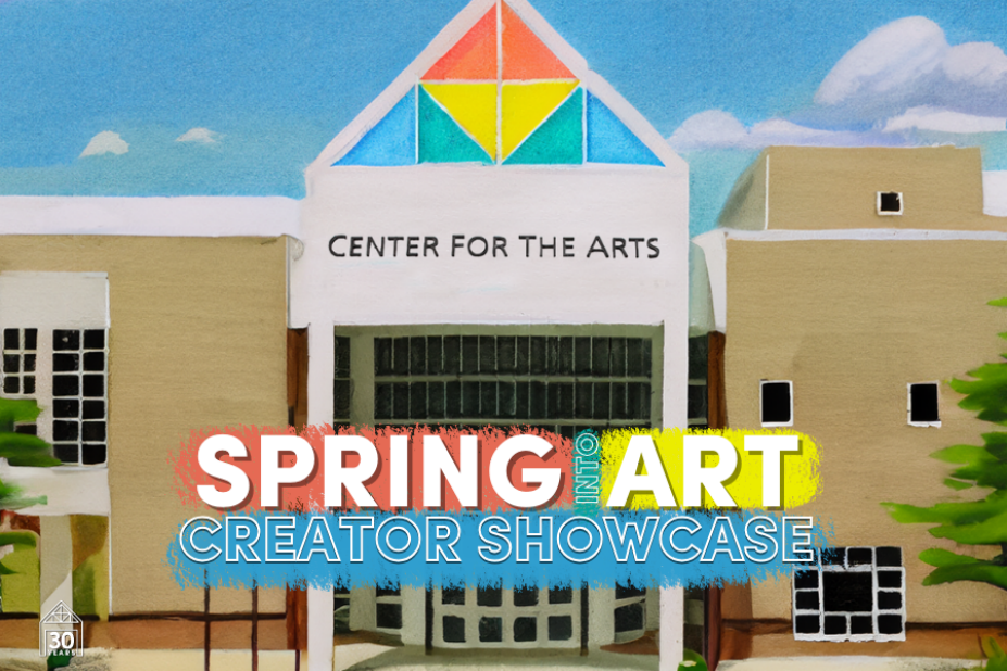 spring into art logo in front of filtered image of front of cfa.