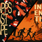 silhouettes of people running away from fire balls in front of ruins. 