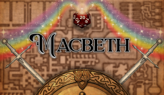 two swords behind a shield under a multi-sided die emitting a rainbow. 