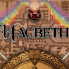 two swords behind a shield under a multi-sided die emitting a rainbow. 