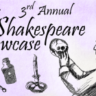 sketch of shakespeare holding a skull and a dagger, poison bottle, and candlestick. 