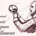Drawing of Shakespeare holding a skull. 