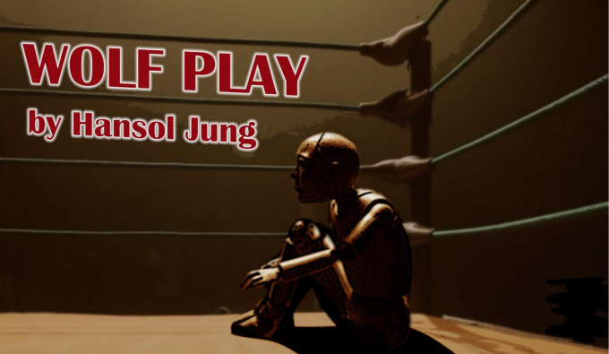 A wooden puppet sitting in the corner of a boxing ring.