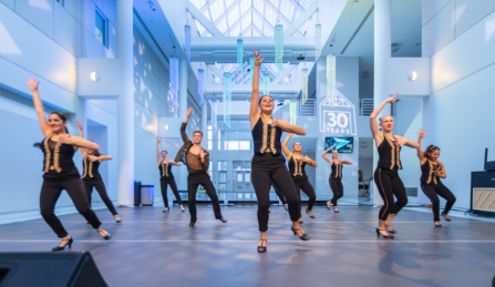 student dancers perfroming in the CFA atrium. 